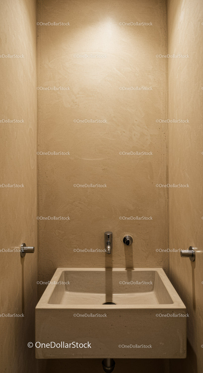 Minimalist Beige Stone Bathroom Sink with Silver Fixtures
