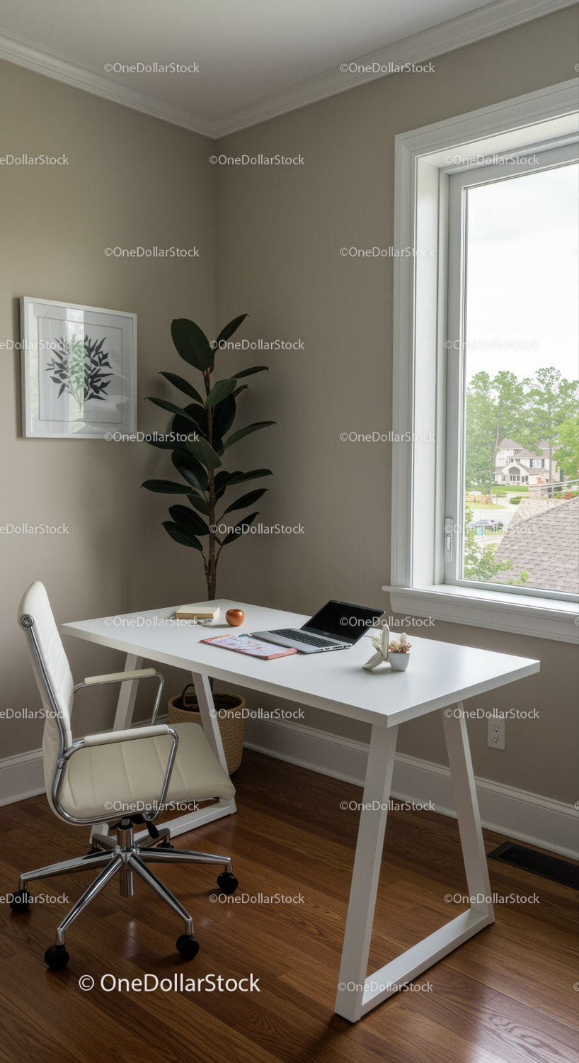 Bright Home Office with White Desk, Office Chair, and Large Window