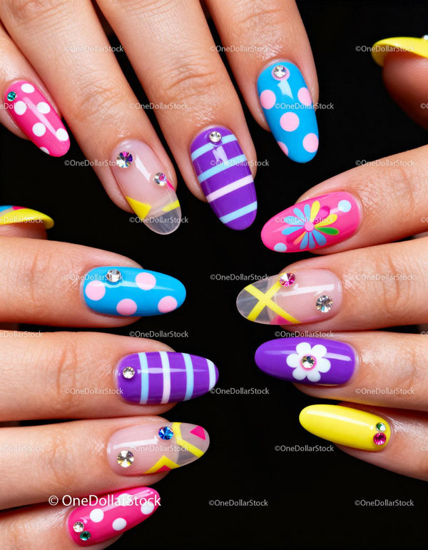 Colorful geometric and floral nail art designs