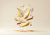 Floating pear slices with cinnamon and pistachios on beige