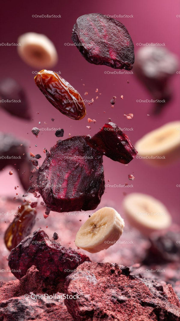 Assorted Freeze-Dried Berries and Banana Slices in Mid-Air