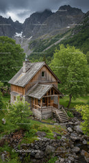 Cozy wooden mountain cabin surrounded by lush greenery