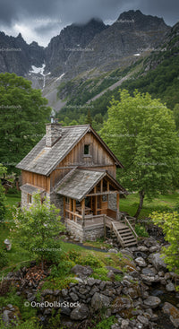 Cozy wooden mountain cabin surrounded by lush greenery