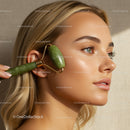 Close-up of a Woman Using Jade Roller for Facial Massage and Skin Rejuvenation