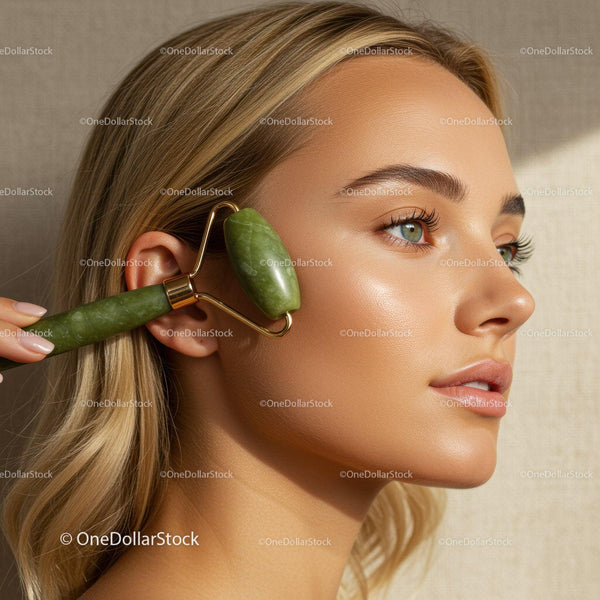 Close-up of a Woman Using Jade Roller for Facial Massage and Skin Rejuvenation