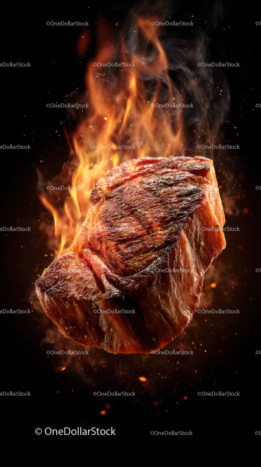 Juicy Raw Steak on Fire with Flames for a Dramatic Culinary Effect