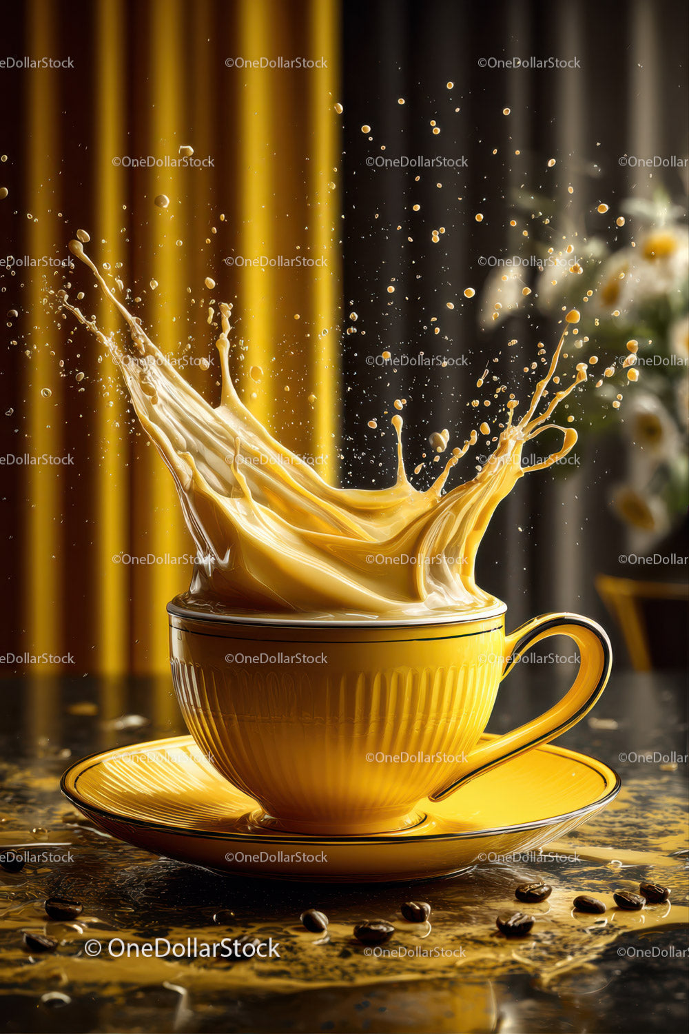 Yellow Coffee Cup with Splash in Motion on Reflective Surface