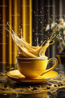 Yellow Coffee Cup with Splash in Motion on Reflective Surface