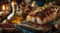 Rustic Baked Fish with Herbs and Garlic on Wooden Board