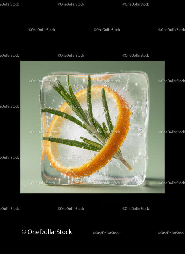 Fresh rosemary and orange slice inside a sparkling ice cube