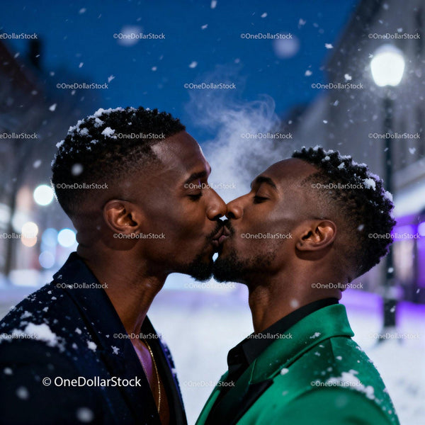 Couple Sharing a Kiss in Snowy Night Romance