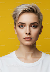 Portrait of a Young Woman with Short Blonde Hair and Blue Eyes