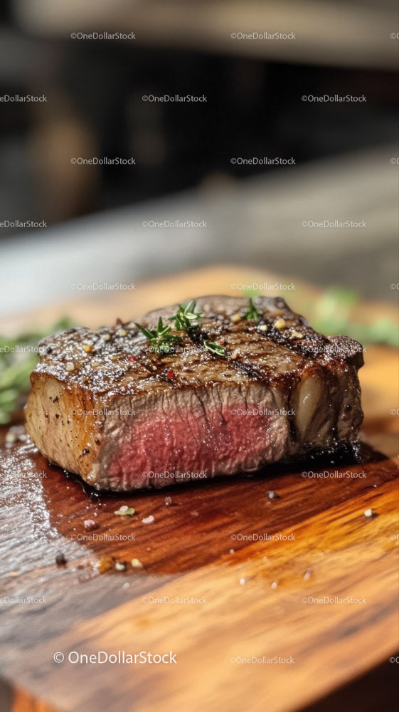 Juicy Medium Rare Steak on Wooden Cutting Board