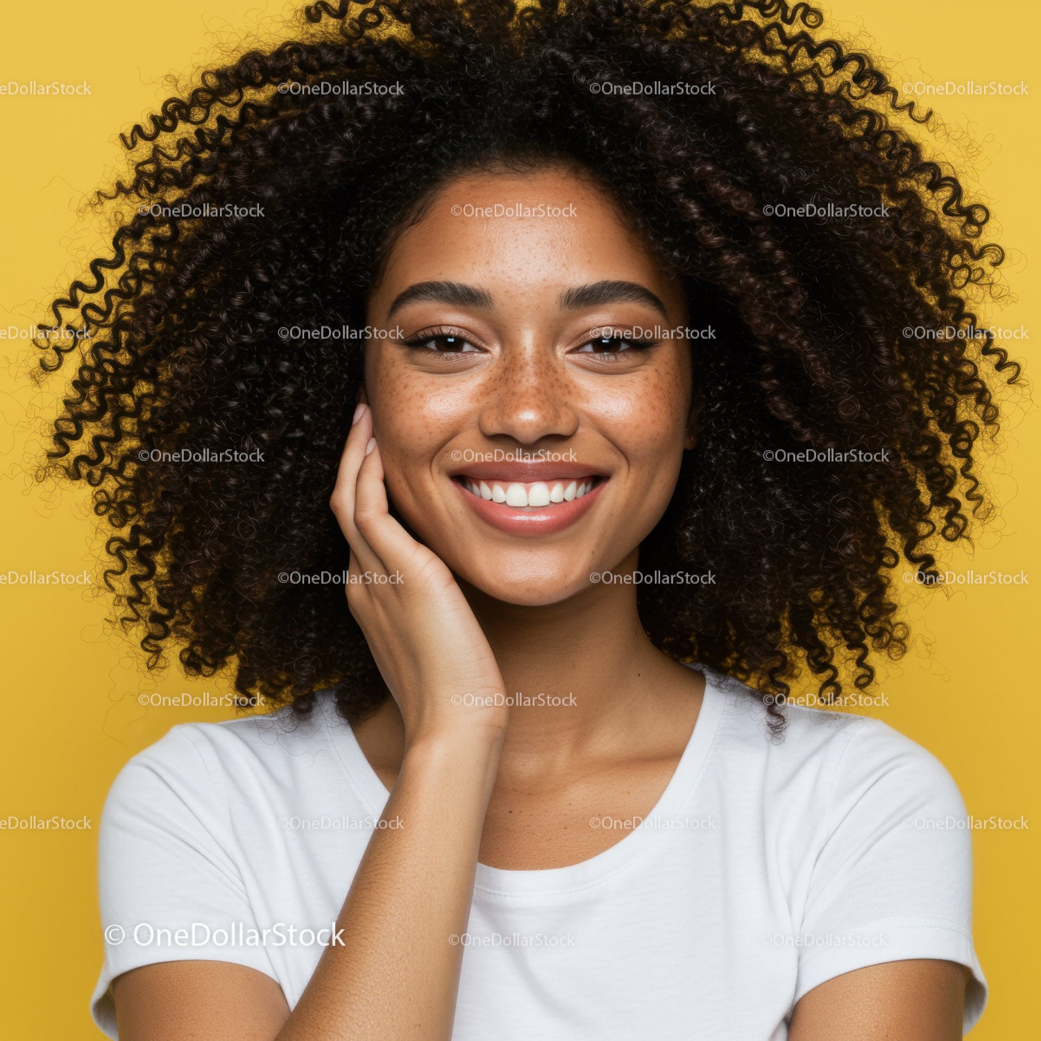 Bright and Cheerful Woman with Curly Hair and Freckles Portrait