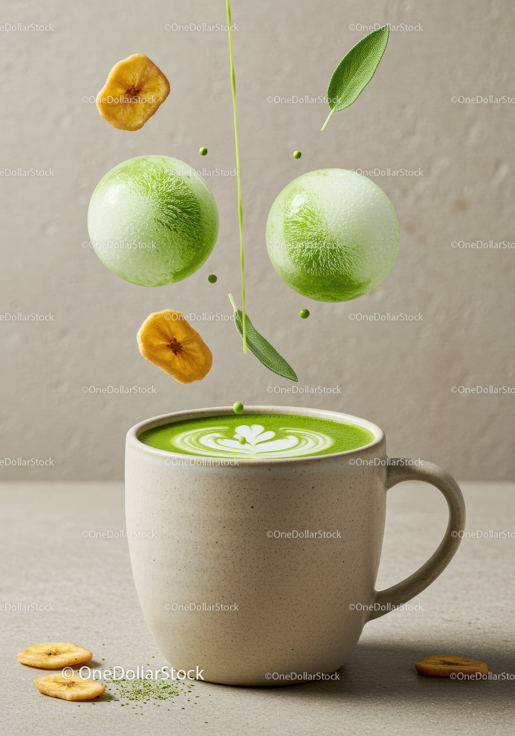 Green Matcha Latte with Floating Ingredients and Latte Art