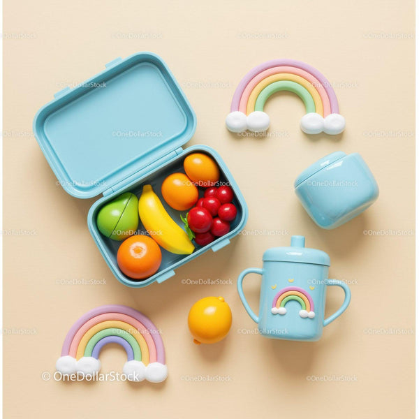 Kolorowy lunchbox dla dzieci z świeżymi owocami i tęczową dekoracją