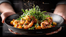Grilled Shrimp with Fresh Greens in Black Bowl for Gourmet Cuisine