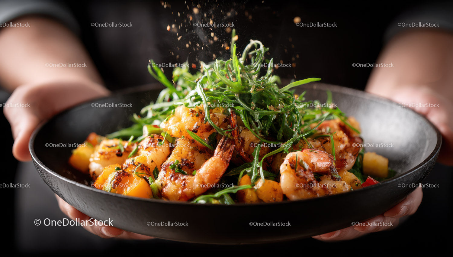 Grilled Shrimp with Fresh Greens in Black Bowl for Gourmet Cuisine