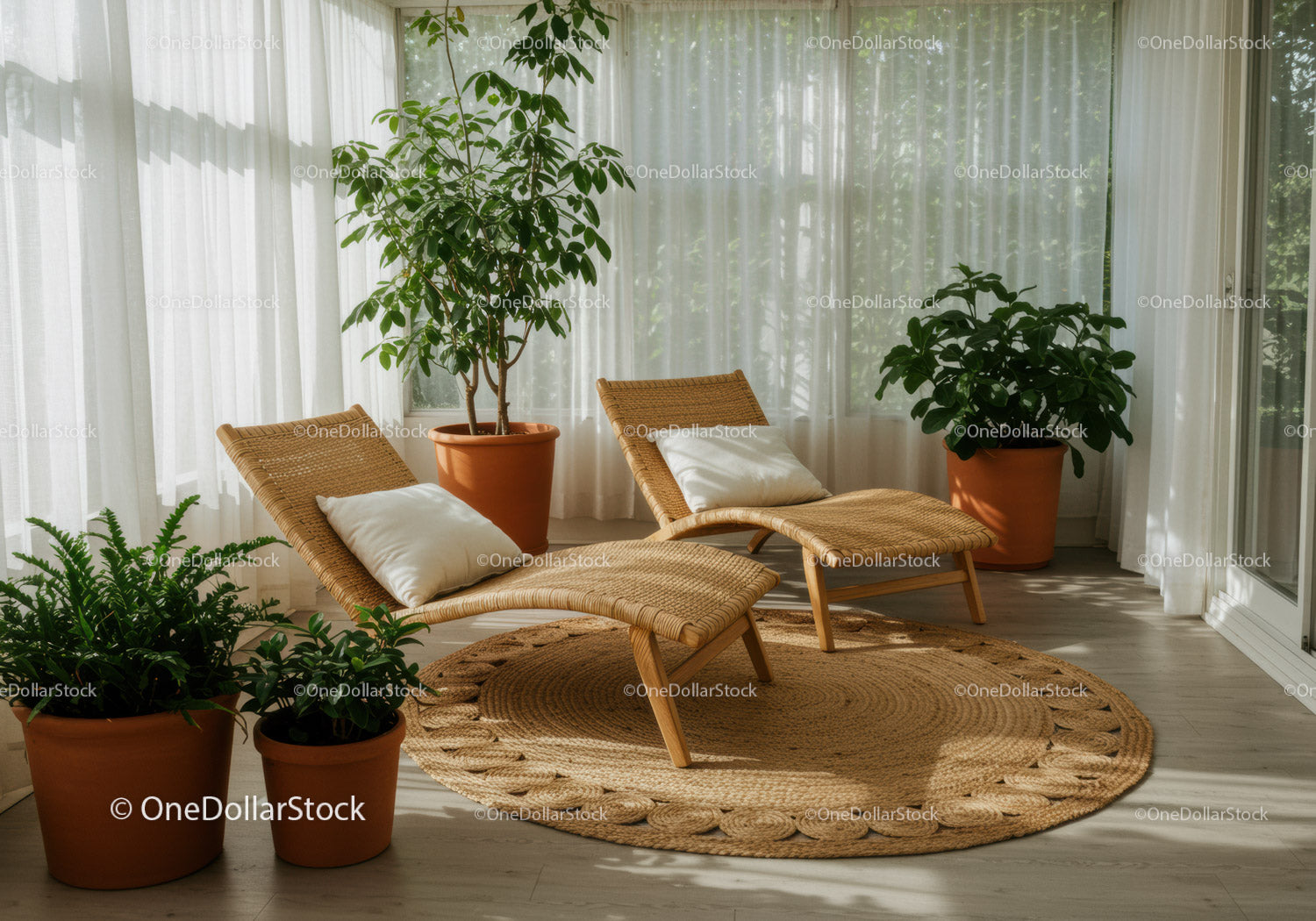 Przytulny, słoneczny salon z naturalnymi wiklinowymi krzesłami