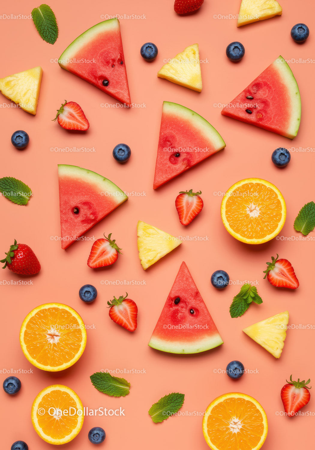 Fresh summer fruits assortment on coral background