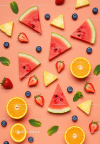 Fresh summer fruits assortment on coral background