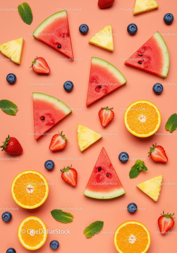 Fresh summer fruits assortment on coral background