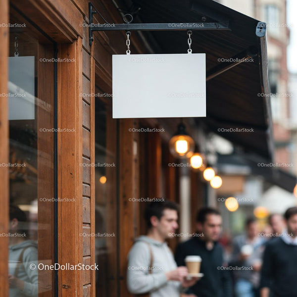 Blank hanging signboard outside wooden cafe facade JPG Mockup Image