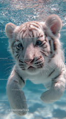 White tiger cub swimming underwater with piercing blue eyes