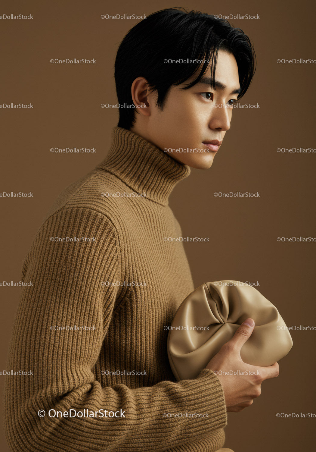 Stylish Man in Camel Turtleneck Holding Beige Clutch Fashion Portrait