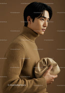 Stylish Man in Camel Turtleneck Holding Beige Clutch Fashion Portrait