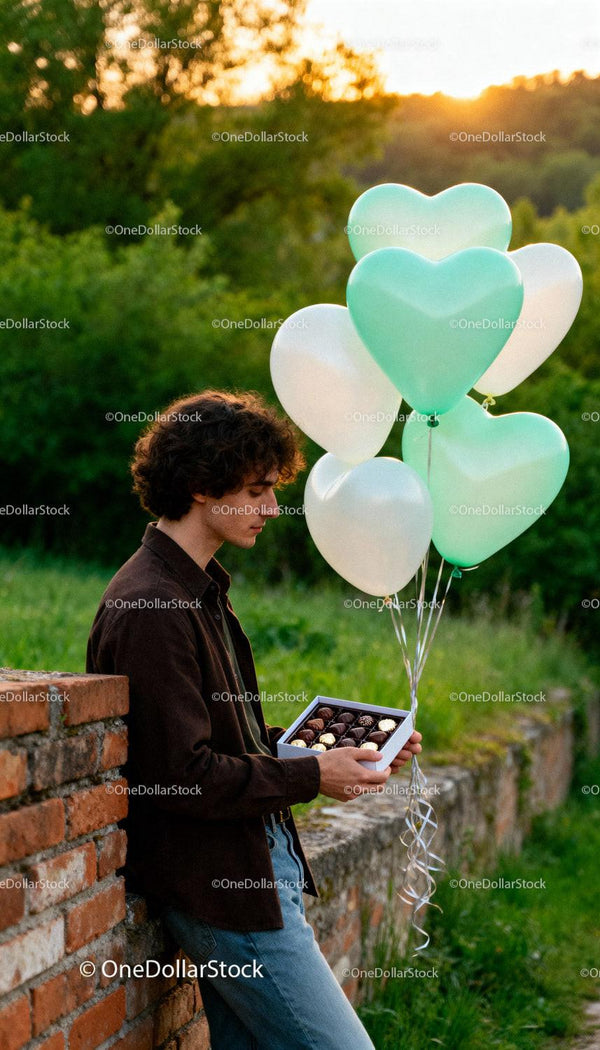 Young man holding chocolates and heart balloons outdoors