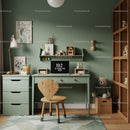 Children's Study Room with Wooden Desk and Plush Toys in Cozy Green Space