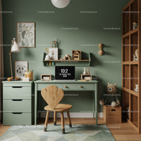 Children's Study Room with Wooden Desk and Plush Toys in Cozy Green Space