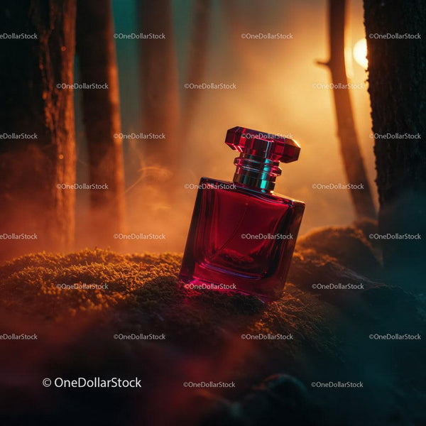 Red Perfume Bottle in Forest at Sunset with Warm Ambient Light JPG Mockup Image