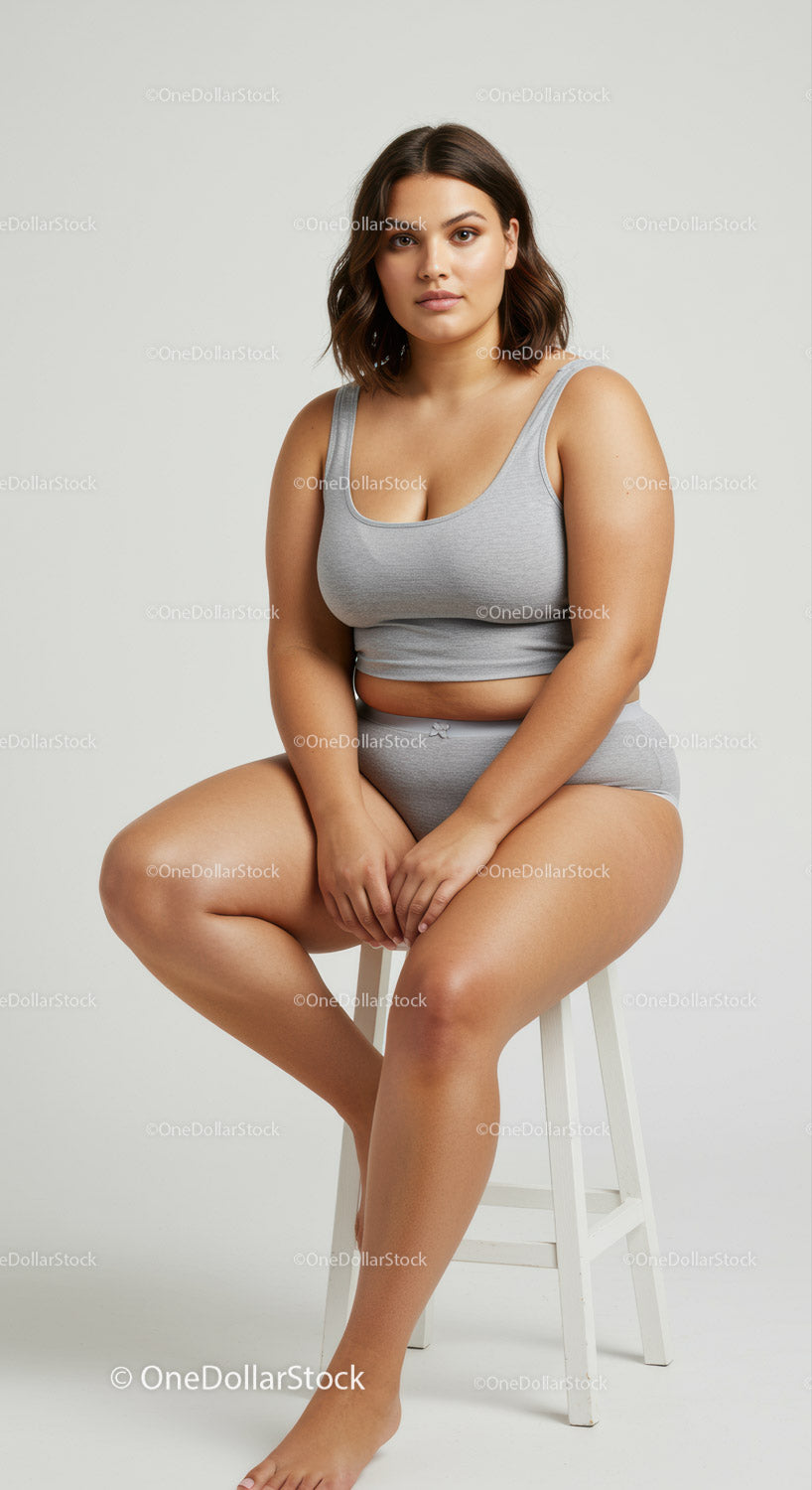Confident Plus Size Woman Sitting on a Stool in Casual Gray Tank Top