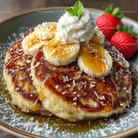 Golden Brown Pancake with Banana Slices Strawberries Whipped Cream
