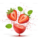 Fresh strawberry halves with mint leaves and splash