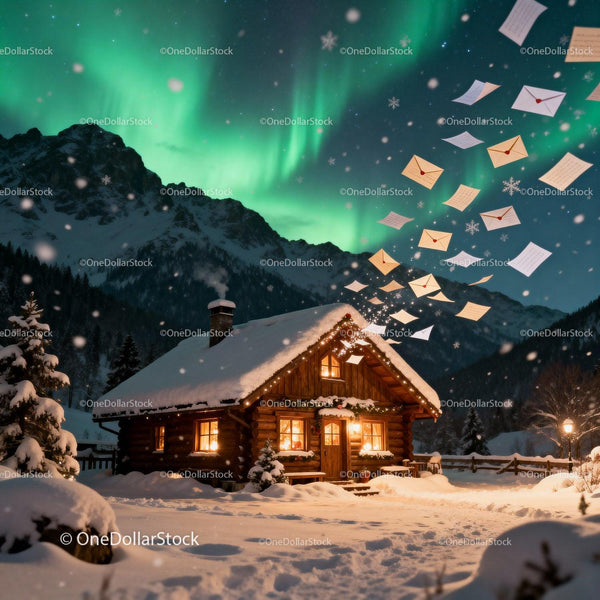 Cozy cabin in winter under northern lights with flying letters
