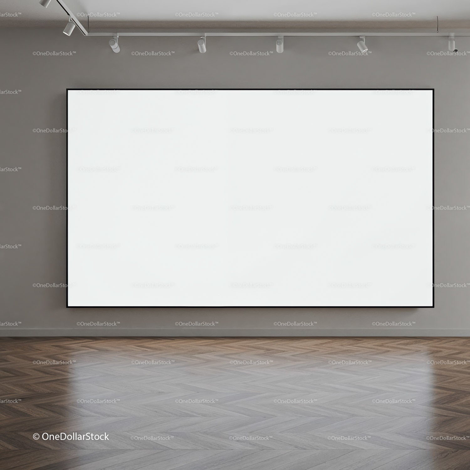 Modern empty gallery wall with wooden herringbone floor