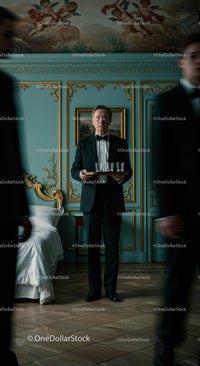 Elegant Waiter in a Luxurious Vintage Setting Serving Drinks