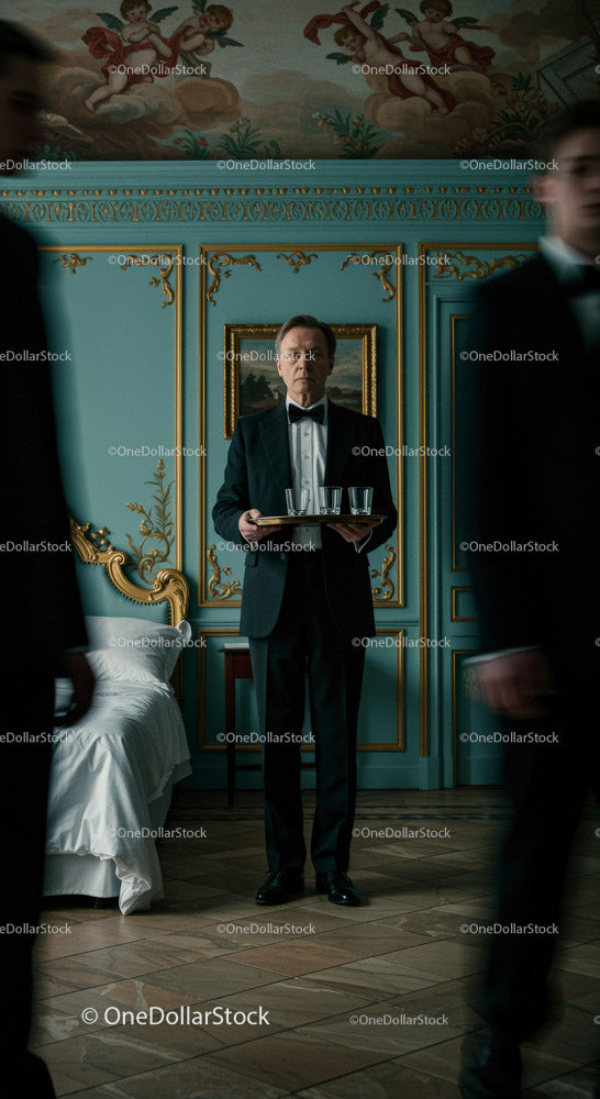 Elegant Waiter in a Luxurious Vintage Setting Serving Drinks