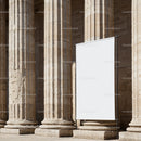 Blank white banner in front of ancient stone columns