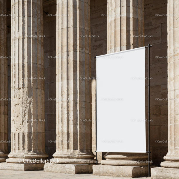 Blank white banner in front of ancient stone columns JPG Mockup Image