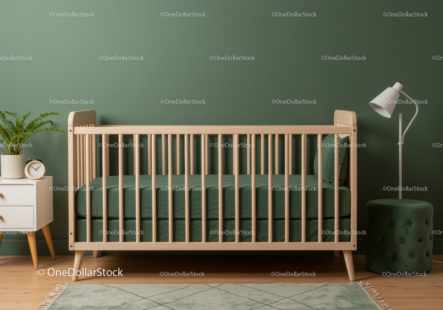 Modern Green Baby Crib with Wooden Frame in Stylish Nursery