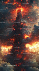 Epic Space Explosion Over a Fiery Tower in Nebula Universe