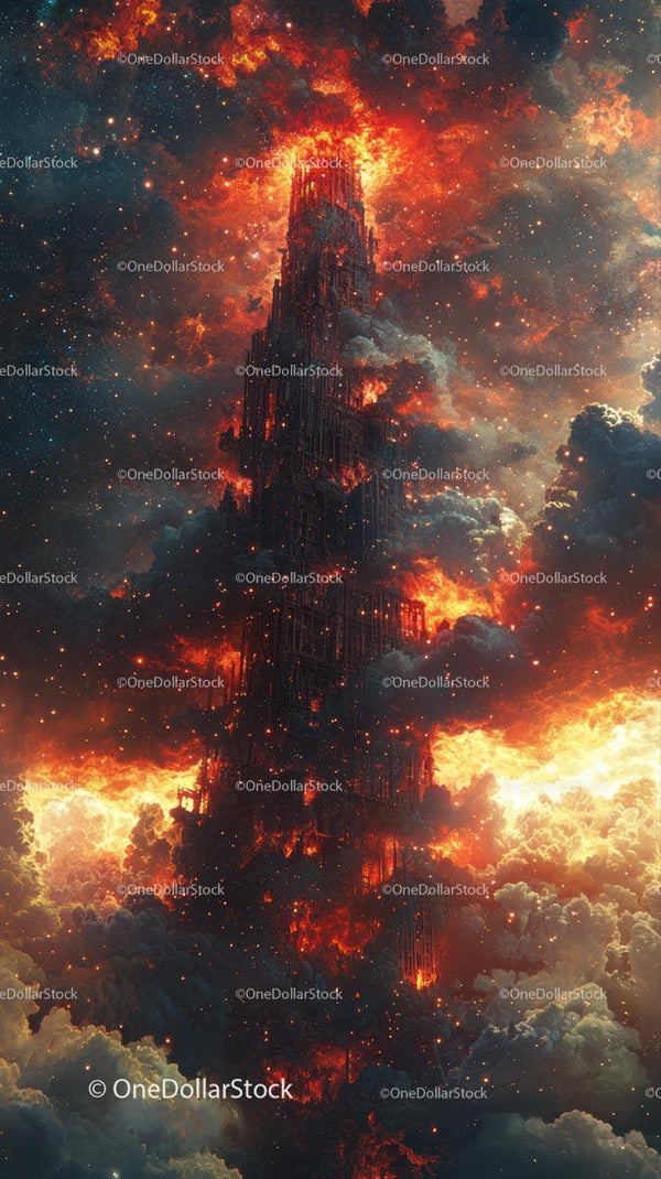 Epic Space Explosion Over a Fiery Tower in Nebula Universe