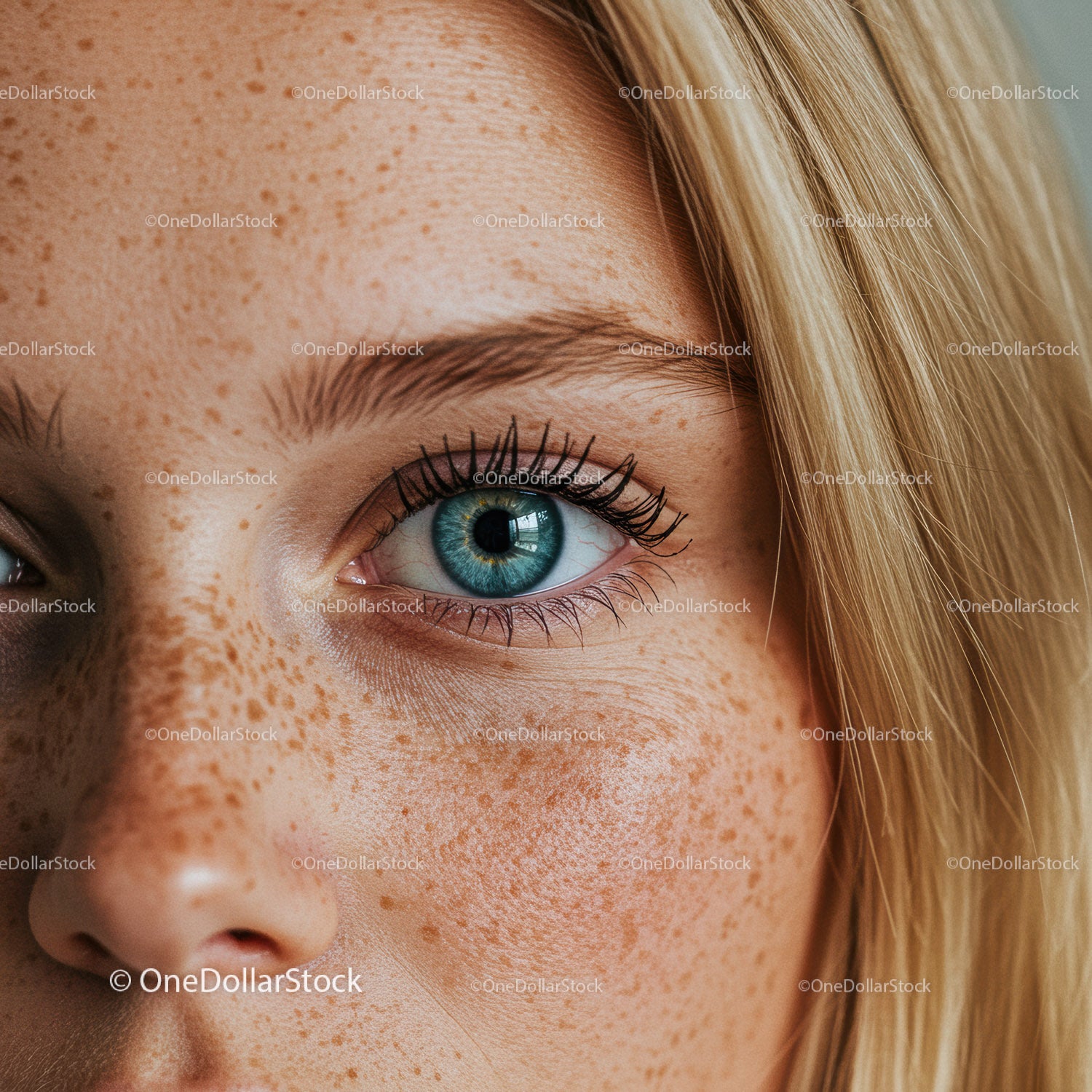 Close-up of blue eye and freckled skin on blonde woman