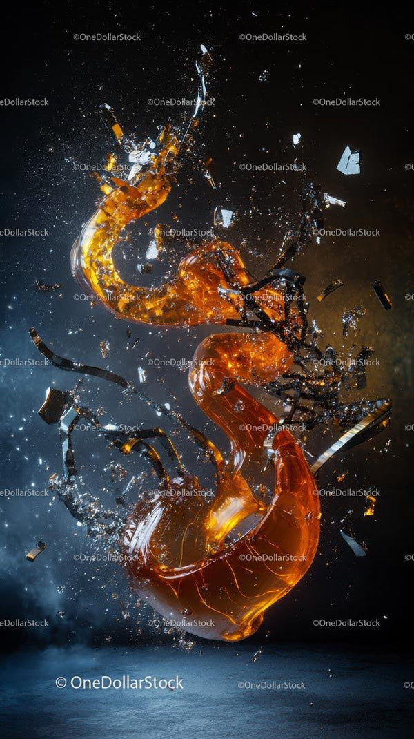 Dynamic Explosion of Orange Glass Shards and Fragments