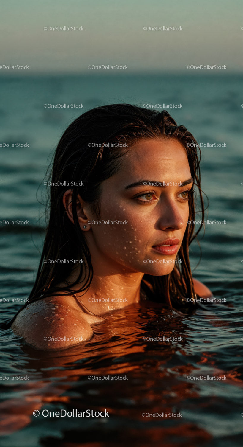Woman Relaxing in the Ocean at Sunset with Warm Lighting