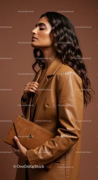 Elegant Woman in Brown Leather Jacket with Clutch in Studio Portrait